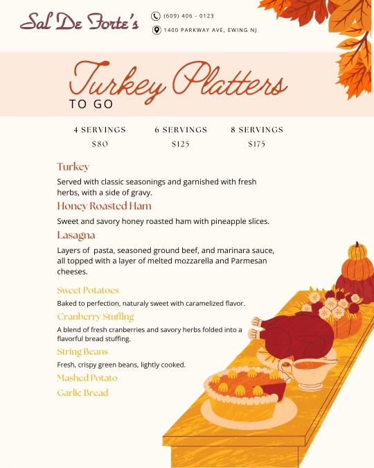 Holiday Turkey Platters - Turkey served with seasonings, Honey Roasted Ham, Lasagna, Sweet Potatoes, Cranberry Stuffing, String Beans, Mashed Potato, Garlic Bread